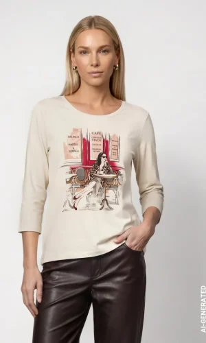 Tee Shirt Col Rond Manches Longues Motif Placé Femme Au Café