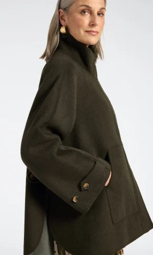 Manteau Col Montant Manches Longues Evasé Deux Poches Zippé Et Boutonné Boutons Coté Uni