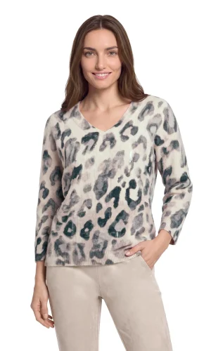 Pull Col V Manches Trois-quarts Sequins Imprimé Léo