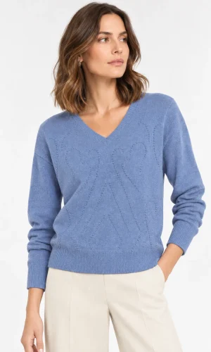 Pull Col V Manches Longues Effet De Maille Cœurs Ton Sur Ton 100% Cachemire