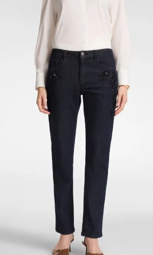 Pantalon Long Taille Moyenne Quatres Poches Strass Brodé Slim