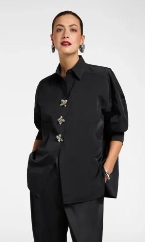 Chemise Manches Trois Quarts Oversized Boutons Pressions Fleurs Taffetas