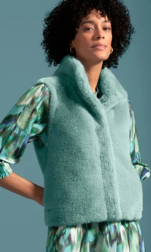 Veste Col Montant Sans Manches Pressions Deux Poches Fausse Fourrure Unie