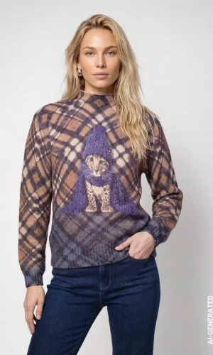 Pull Col Rond Manches Longues Imprimé Carreaux Motif Placé Strass