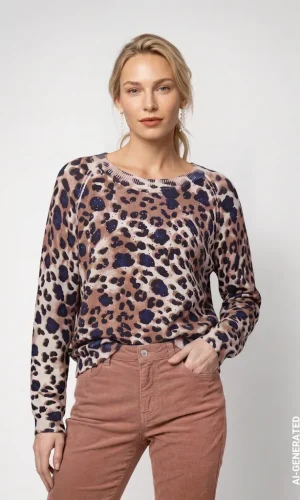 Pull Col Rond Manches Longues Imprimé Léopard All Over Strass