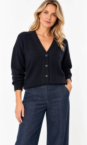 Gilet Col V Manches Longues Boutonné Strass Bordure 100% Cachemire