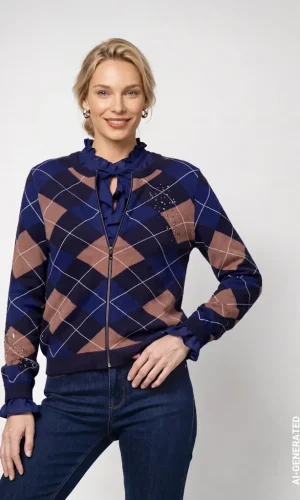 Gilet Col Rond Manches Longues Zippé Losanges Strass