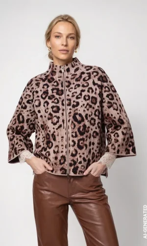 Gilet Col Montant Manches Trois-quart Raglantes Zippé Jacquard Strass