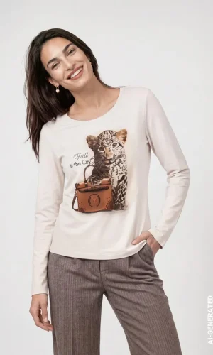 Tee Shirt Col Rond Manches Longues Motif Placé Petit Tigre Strass Maille Rib