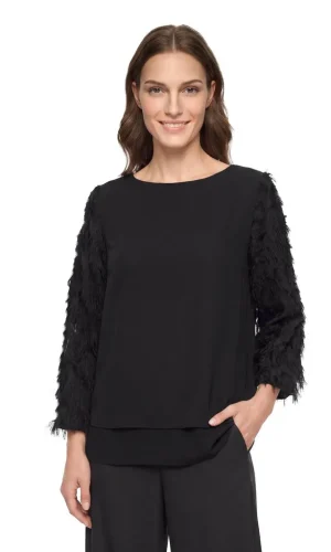 Blouse Col Bateau Manches Trois-quarts Trasnparentes Plumes Fluides Unie